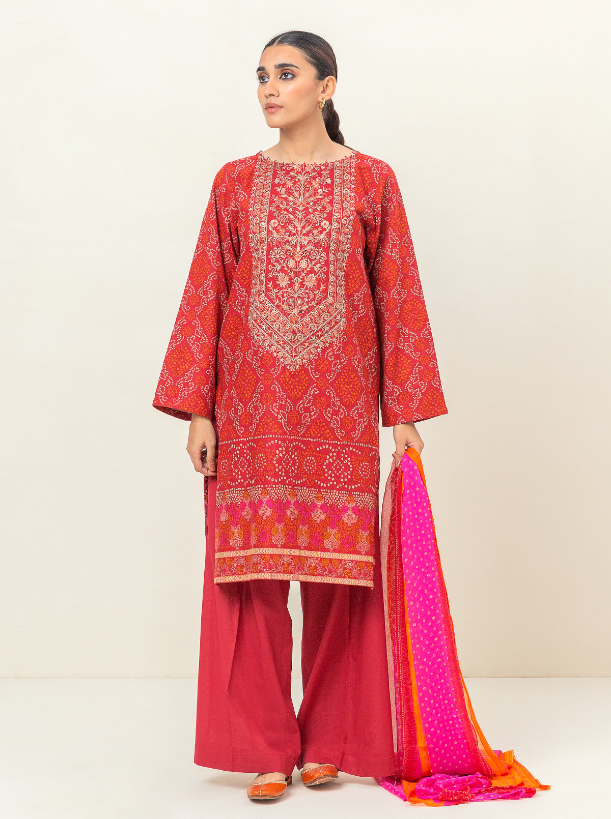 3 PIECE - EMBROIDERED KHADDAR SUIT - CRANBERRY CRUSH MORBAGH WN_23   