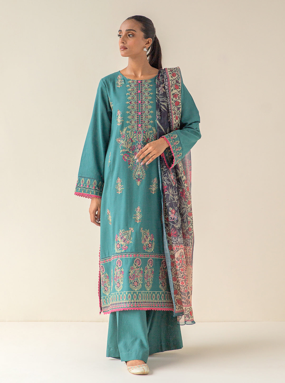 3 PIECE - EMBROIDERED KHADDAR SUIT - REAL TEAL MORBAGH WN_23   