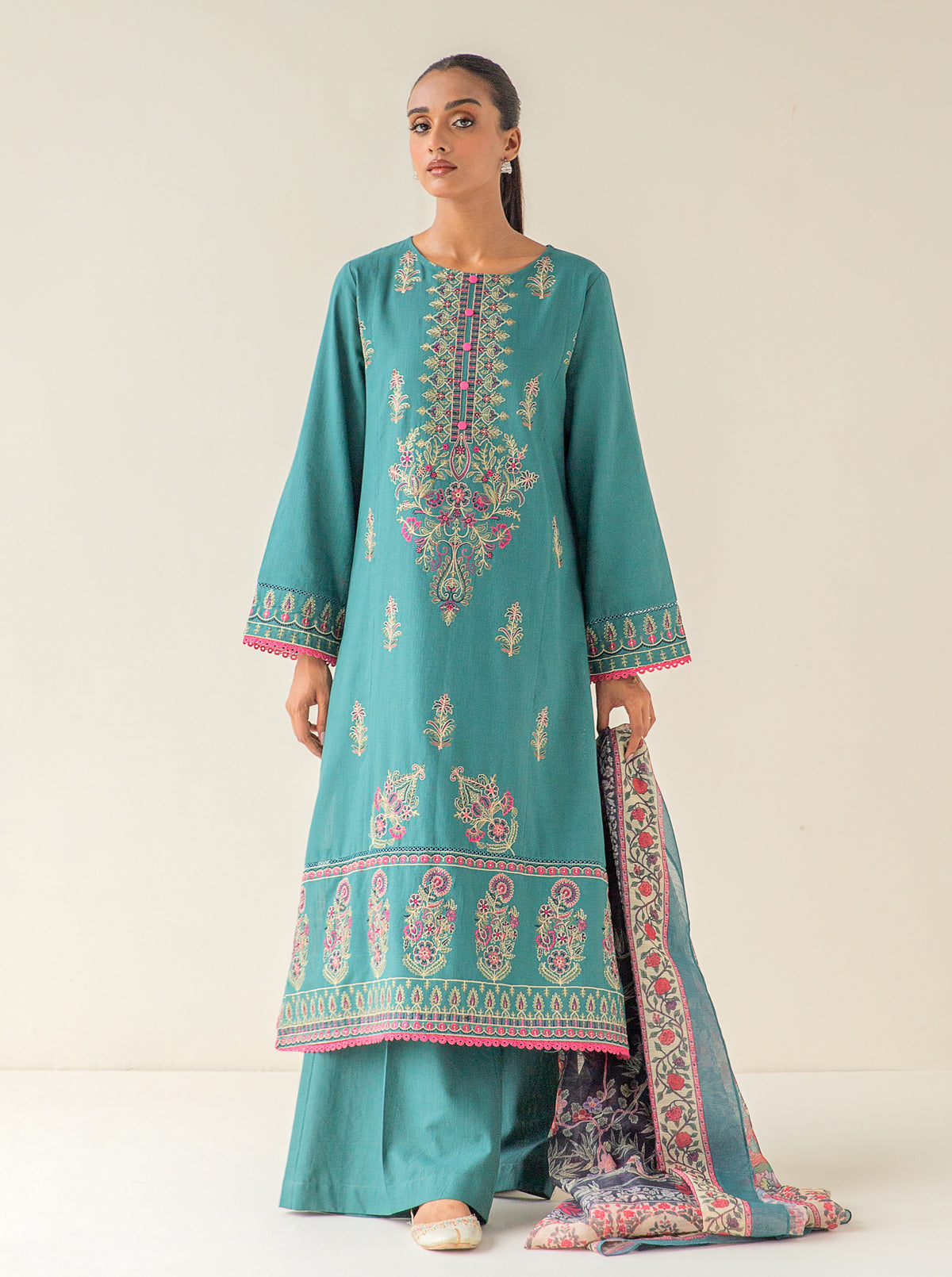 3 PIECE - EMBROIDERED KHADDAR SUIT - REAL TEAL MORBAGH WN_23   