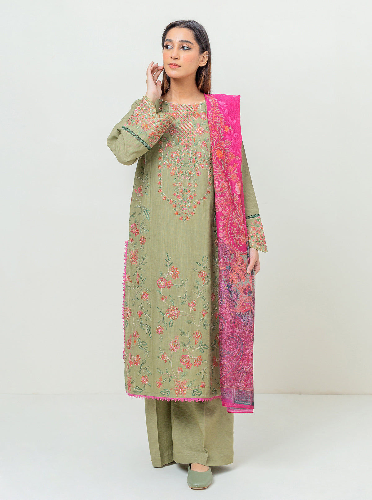 3 PIECE - EMBROIDERED KHADDAR SUIT - OLIVE EDEN MORBAGH WN_23   