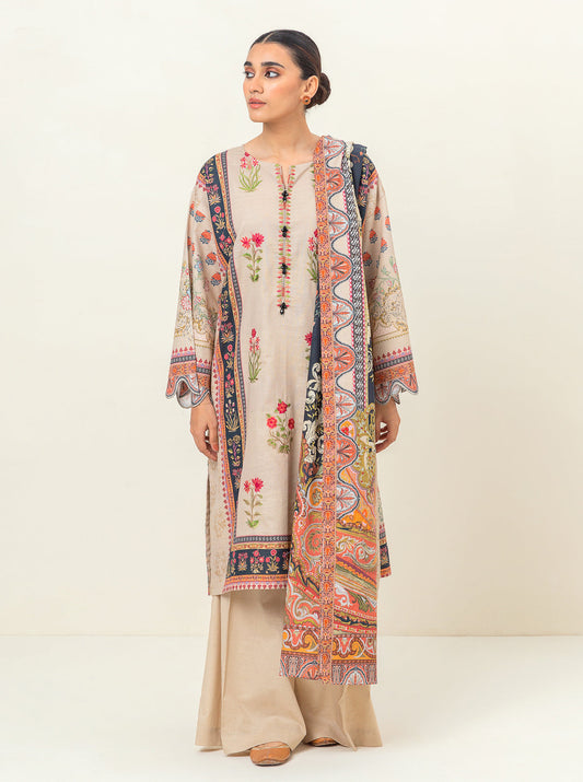 3 PIECE - EMBROIDERED KHADDAR SUIT - ELEGANT IVORY MORBAGH WN_23   