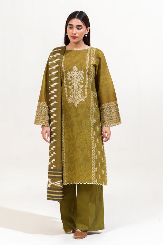 3 PIECE PRINTED KHADDAR SUIT-OLIVE SERENE (UNSTITCHED)