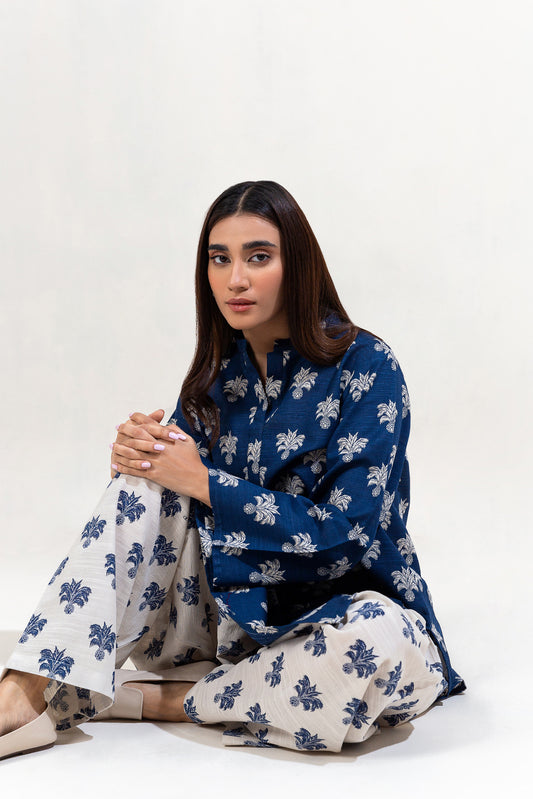 2 PIECE PRINTED KHADDAR SUIT-NAVY PINES (UNSTITCHED)