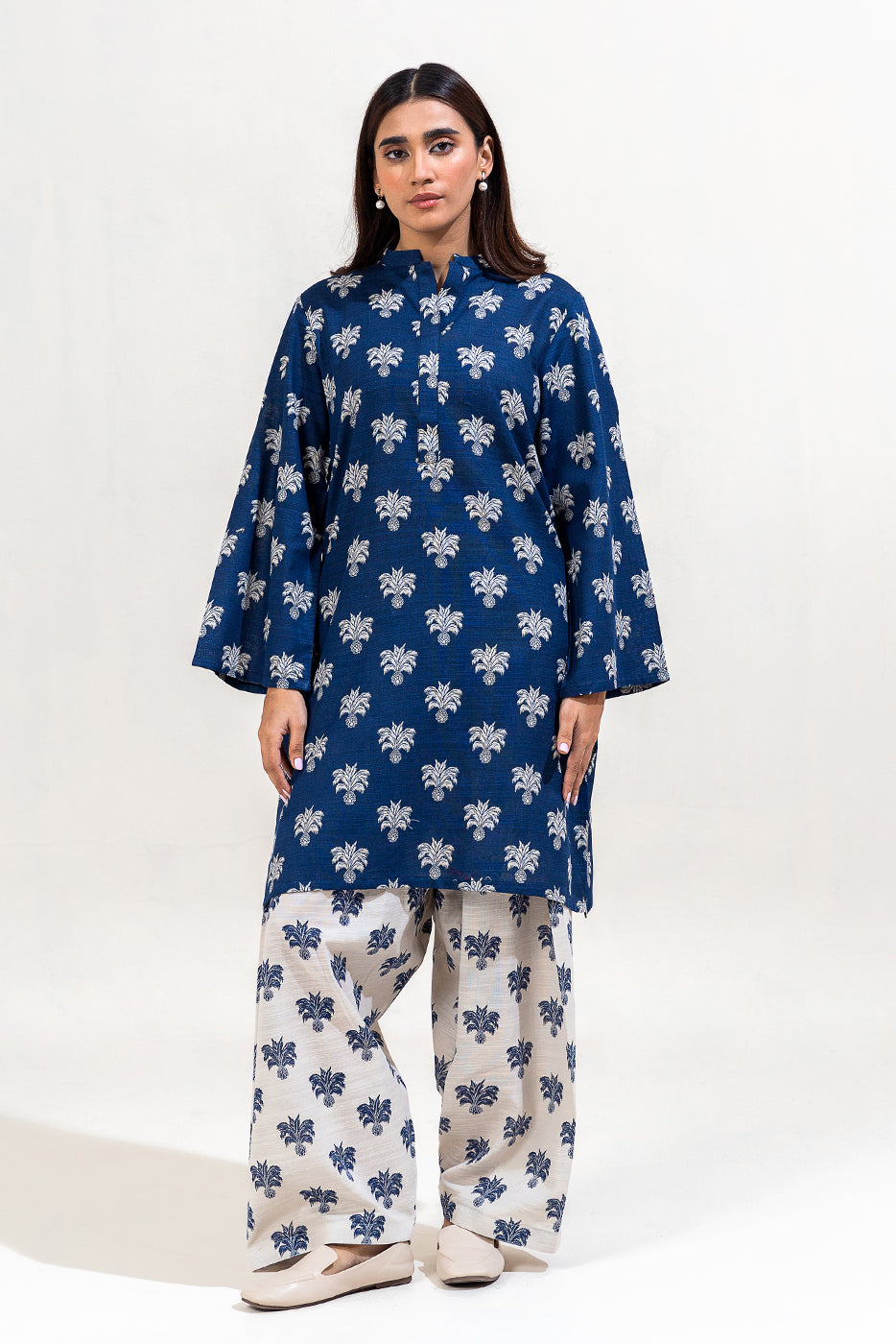 2 PIECE PRINTED KHADDAR SUIT-NAVY PINES (UNSTITCHED)