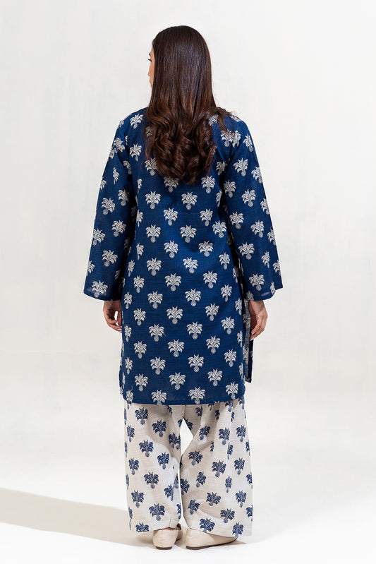 2 PIECE PRINTED KHADDAR SUIT-NAVY PINES (UNSTITCHED)