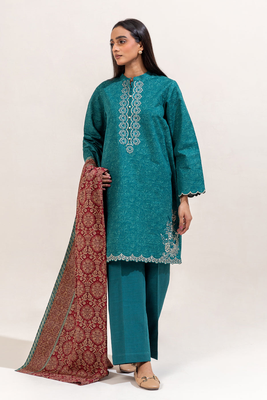 3 PIECE EMBROIDERED KHADDAR SUIT-TEAL MUSK (UNSTITCHED)