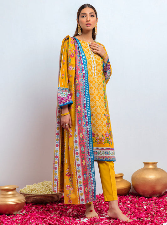 3 PIECE - PRINTED LAWN SUIT - MUSTARD FLORAL MORBAGH SU_21   