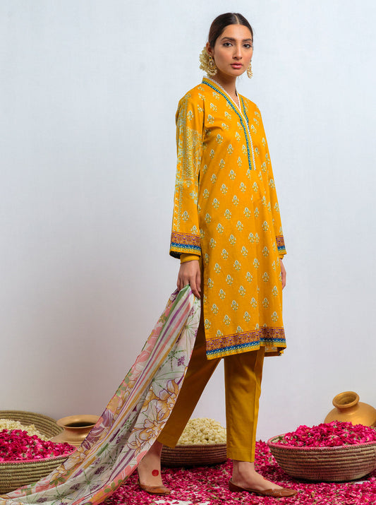 3 PIECE - PRINTED LAWN SUIT - YELLOW OCHRE MORBAGH SU_21   