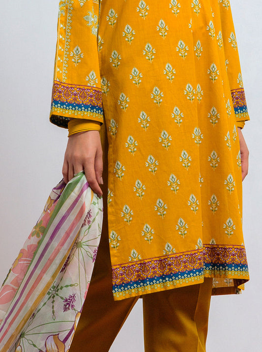 3 PIECE - PRINTED LAWN SUIT - YELLOW OCHRE MORBAGH SU_21   