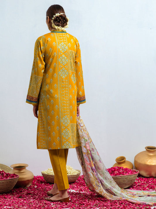 3 PIECE - PRINTED LAWN SUIT - YELLOW OCHRE MORBAGH SU_21   