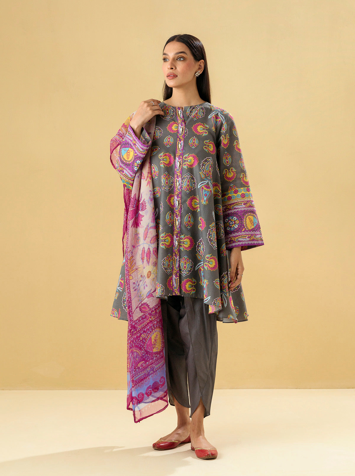 2 PIECE - PRINTED LAWN SUIT - MIDNIGHT GREY MORBAGH SU_22   
