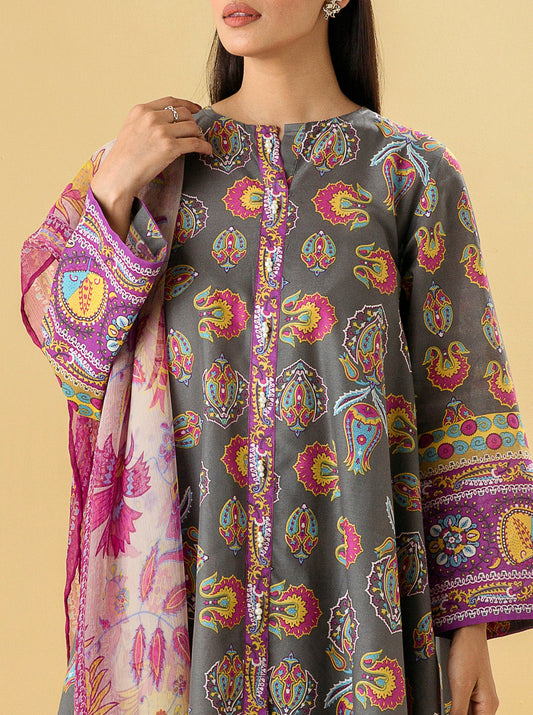 2 PIECE - PRINTED LAWN SUIT - MIDNIGHT GREY MORBAGH SU_22   
