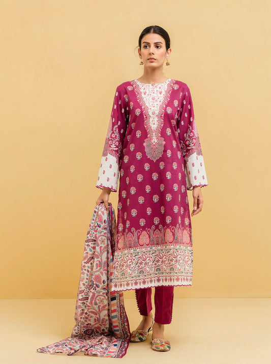 3 PIECE - PRINTED LAWN SUIT - ELEGANT FUCHSIA MORBAGH SU_22   