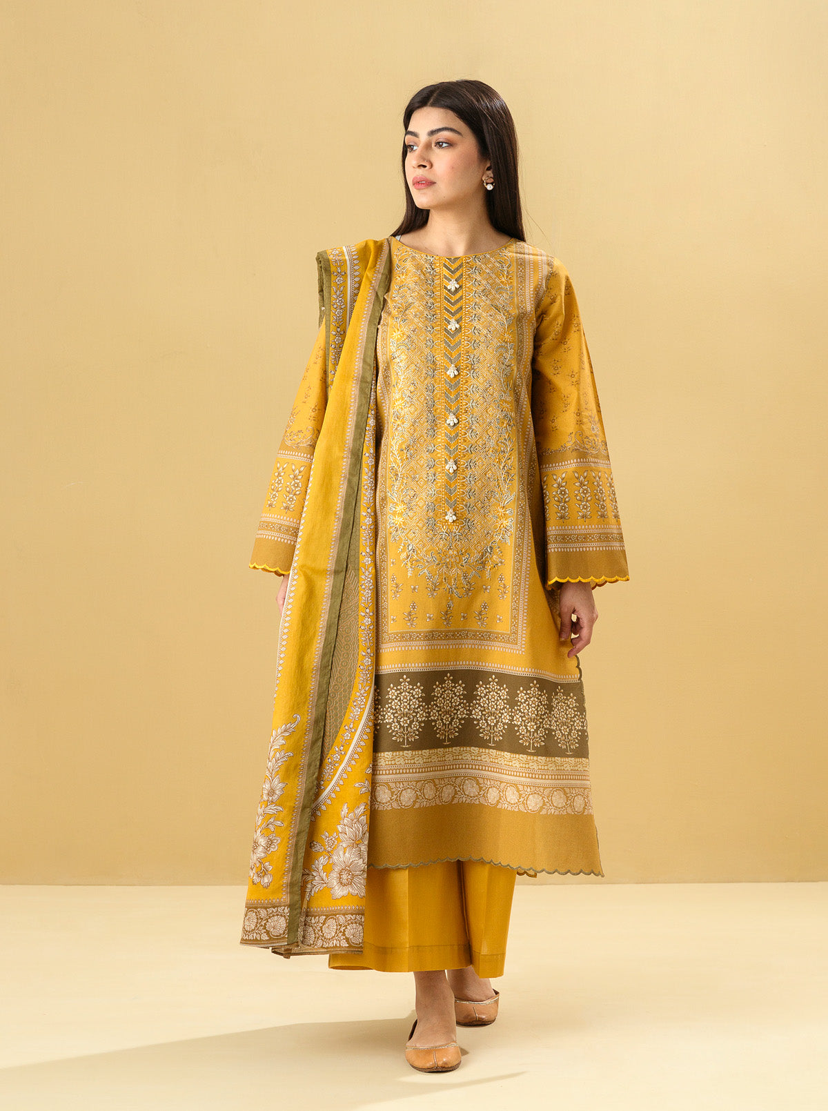 3 PIECE - EMBROIDERED LAWN SUIT - CLASSIC OCHRE MORBAGH SU_22   