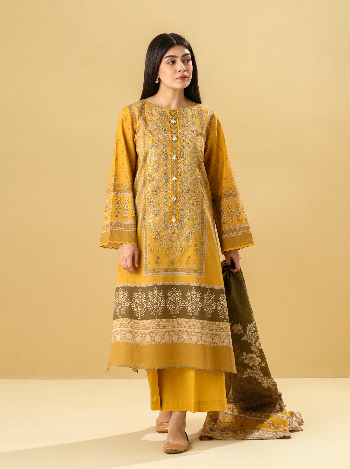 3 PIECE - EMBROIDERED LAWN SUIT - CLASSIC OCHRE MORBAGH SU_22   