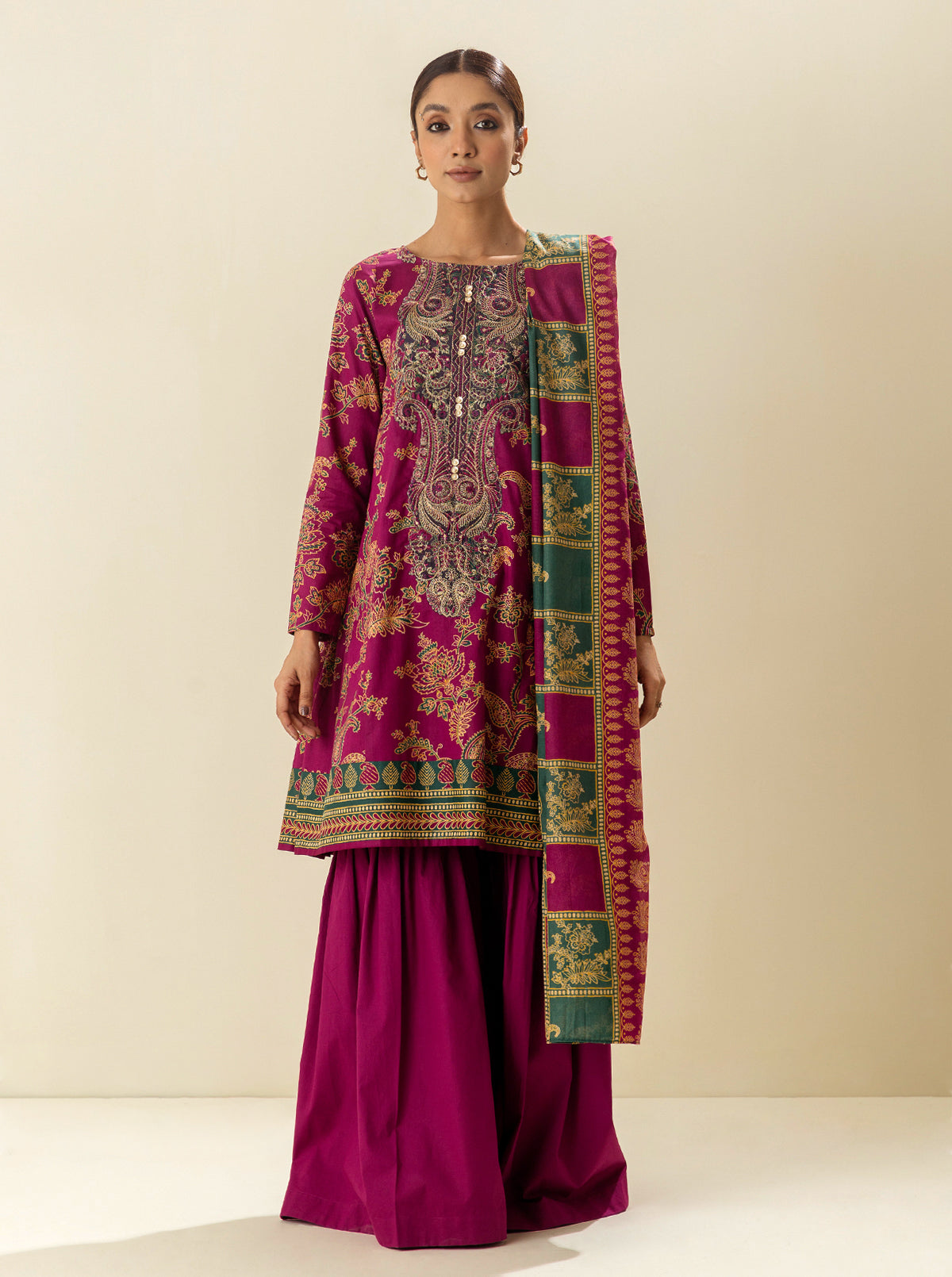 2 PIECE - EMBROIDERD LAWN SUIT - PEACOCK PINK MORBAGH SU_23   