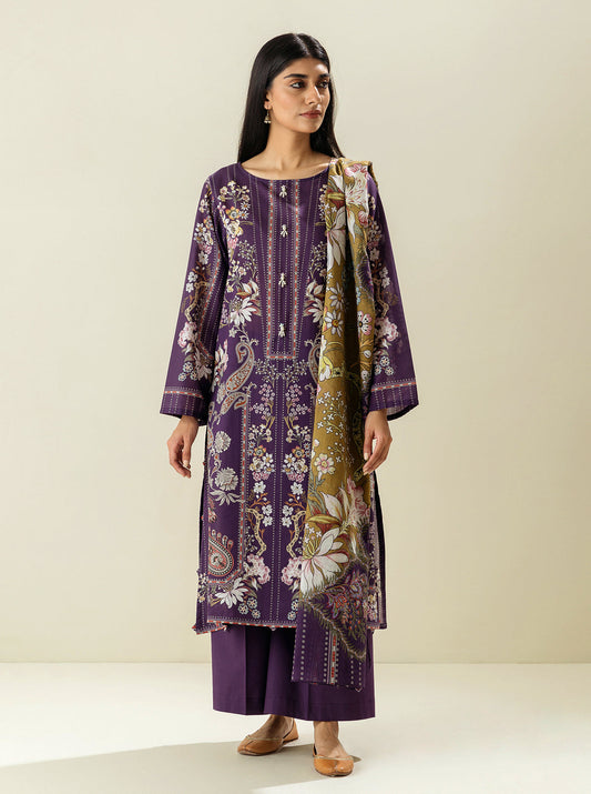 3 PIECE - PRINTED LAWN SUIT - PURPLE ODYSSEY MORBAGH SU_23   