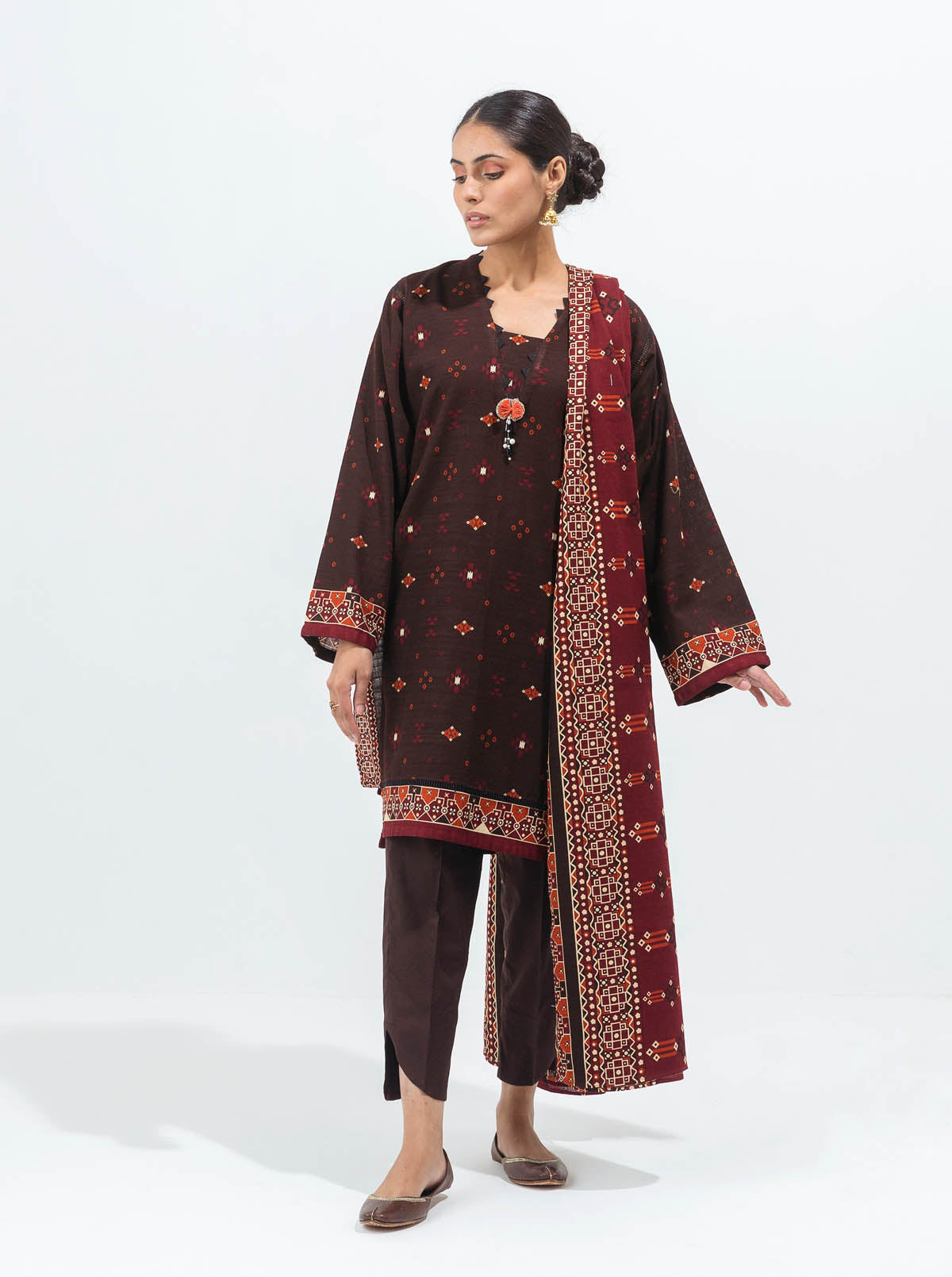 3 PIECE - PRINTED KHADDAR SUIT - DUSKY BROWN MORBAGH WN_21   