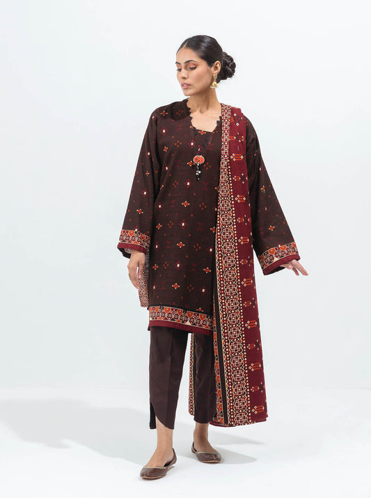 3 PIECE - PRINTED KHADDAR SUIT - DUSKY BROWN MORBAGH WN_21   