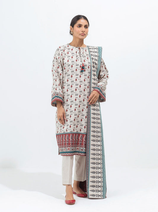3 PIECE - PRINTED KHADDAR SUIT - IVORY CHALK MORBAGH WN_21   