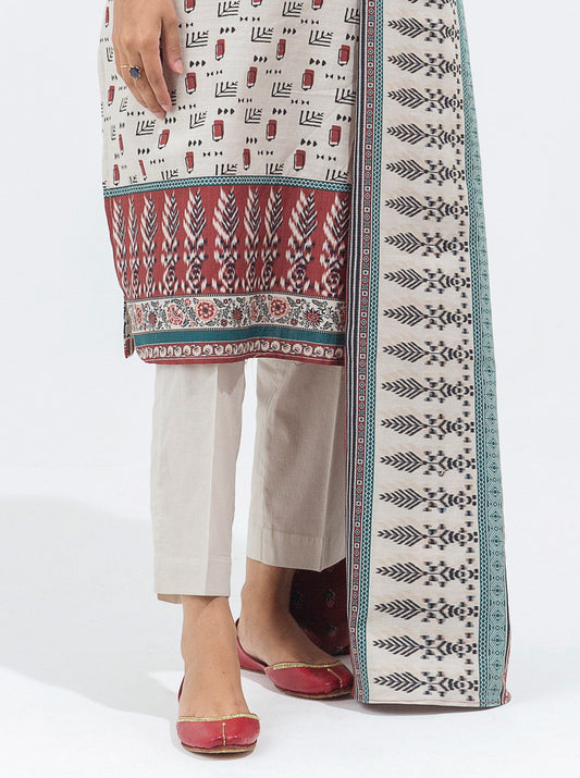 3 PIECE - PRINTED KHADDAR SUIT - IVORY CHALK MORBAGH WN_21   