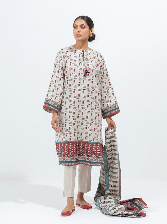 3 PIECE - PRINTED KHADDAR SUIT - IVORY CHALK MORBAGH WN_21   