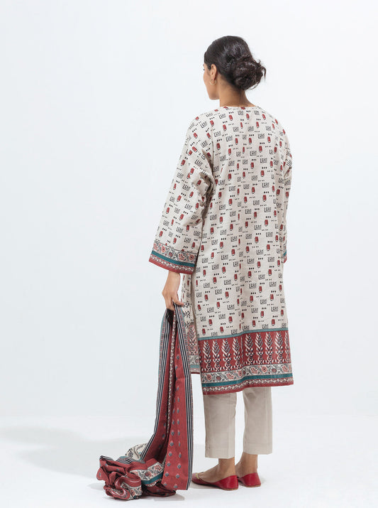 3 PIECE - PRINTED KHADDAR SUIT - IVORY CHALK MORBAGH WN_21   