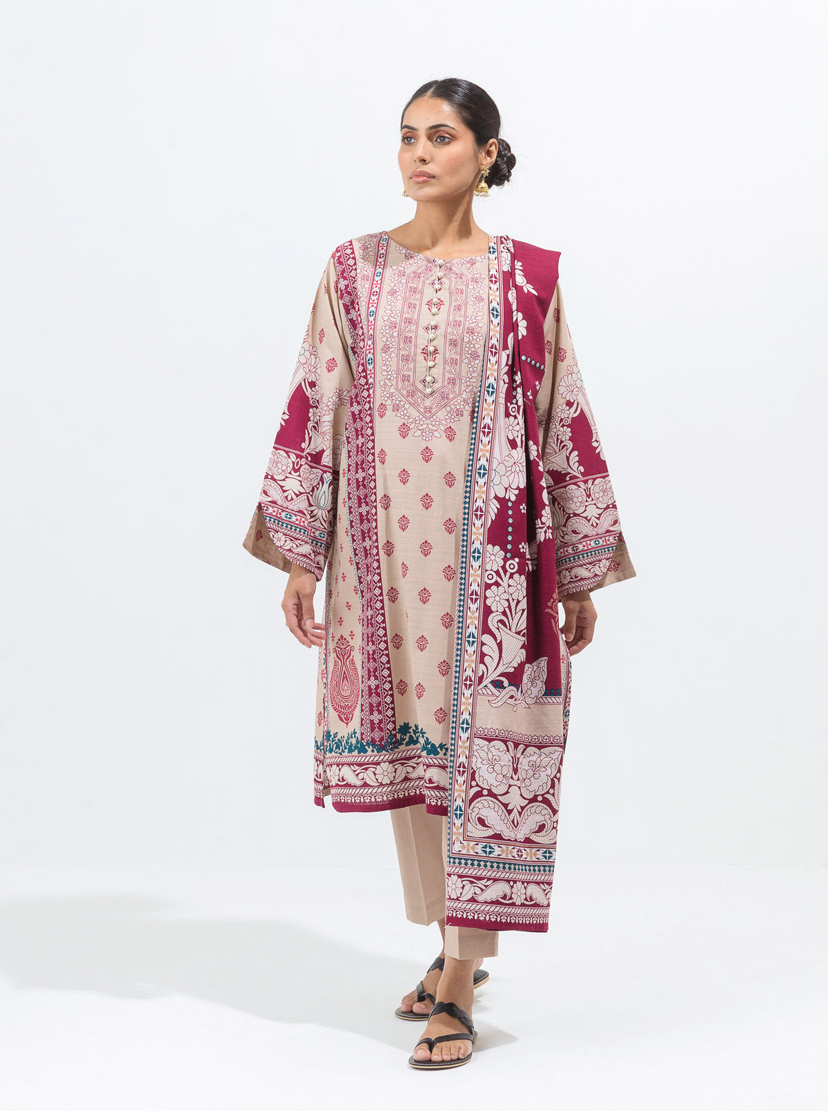 3 PIECE - PRINTED KHADDAR SUIT - ANTIQUE PEARL MORBAGH WN_21   