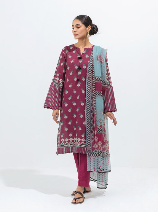 3 PIECE - PRINTED KHADDAR SUIT - FUCHSIA FLORA MORBAGH WN_21   