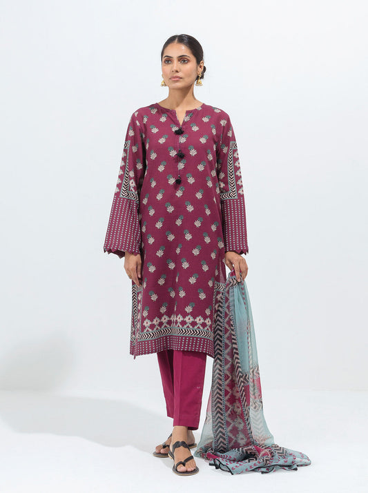 3 PIECE - PRINTED KHADDAR SUIT - FUCHSIA FLORA MORBAGH WN_21   