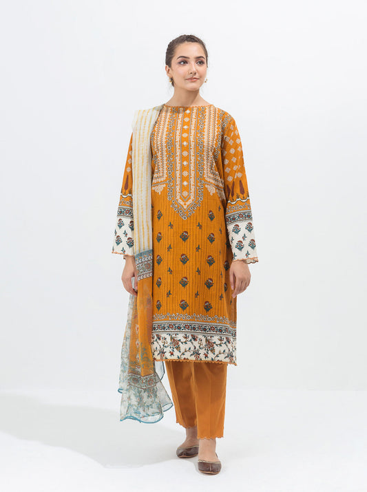 3 PIECE - PRINTED KHADDAR SUIT - OCHRE GOLD MORBAGH WN_21   