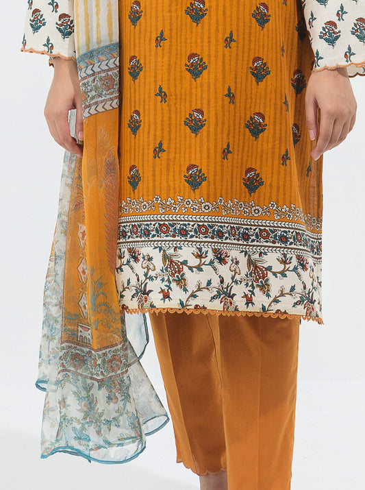 3 PIECE - PRINTED KHADDAR SUIT - OCHRE GOLD MORBAGH WN_21   