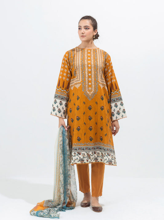 3 PIECE - PRINTED KHADDAR SUIT - OCHRE GOLD MORBAGH WN_21   