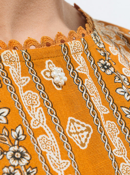 3 PIECE - PRINTED KHADDAR SUIT - OCHRE GOLD MORBAGH WN_21   