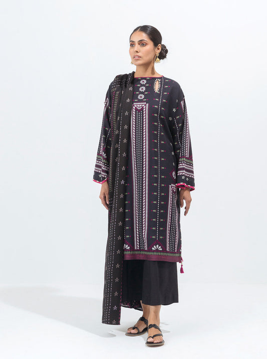 3 PIECE - PRINTED WITH SHAWL  KHADDAR SUIT - CLASSIC BLACK MORBAGH WN_21   