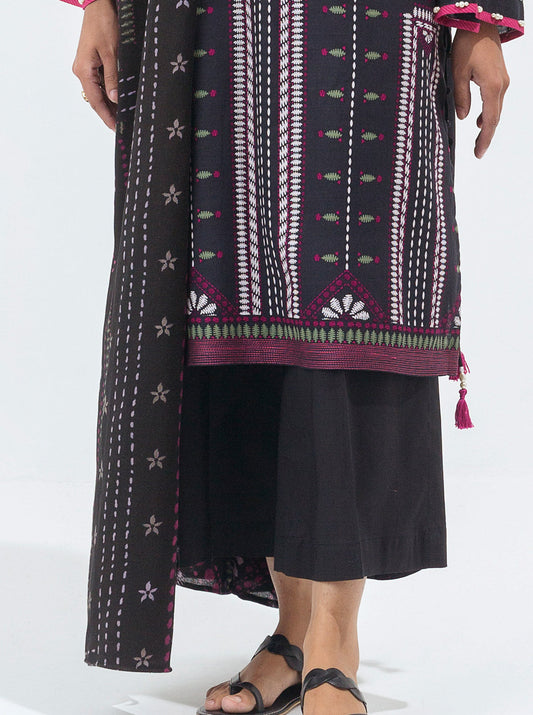 3 PIECE - PRINTED WITH SHAWL  KHADDAR SUIT - CLASSIC BLACK MORBAGH WN_21   