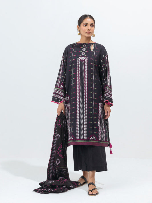 3 PIECE - PRINTED WITH SHAWL  KHADDAR SUIT - CLASSIC BLACK MORBAGH WN_21   
