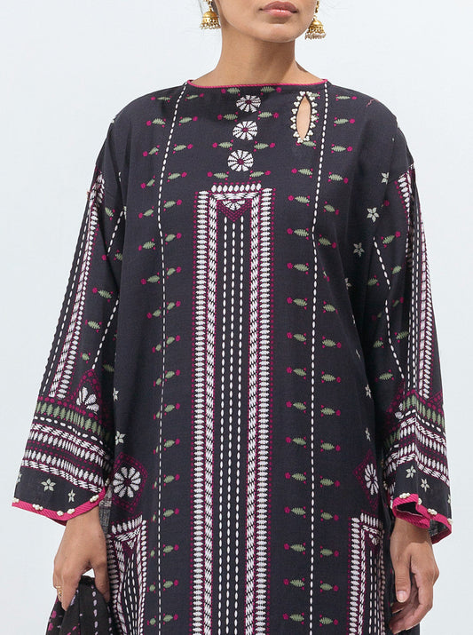 3 PIECE - PRINTED WITH SHAWL  KHADDAR SUIT - CLASSIC BLACK MORBAGH WN_21   
