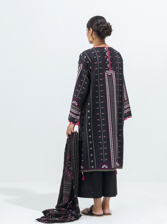 3 PIECE - PRINTED WITH SHAWL  KHADDAR SUIT - CLASSIC BLACK MORBAGH WN_21   