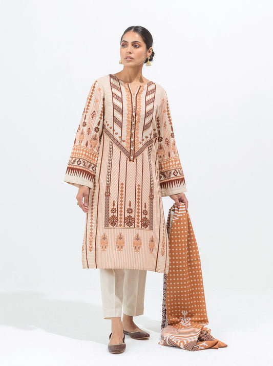 3 PIECE - PRINTED KHADDAR SUIT - HAZEL BEIGE MORBAGH WN_21   