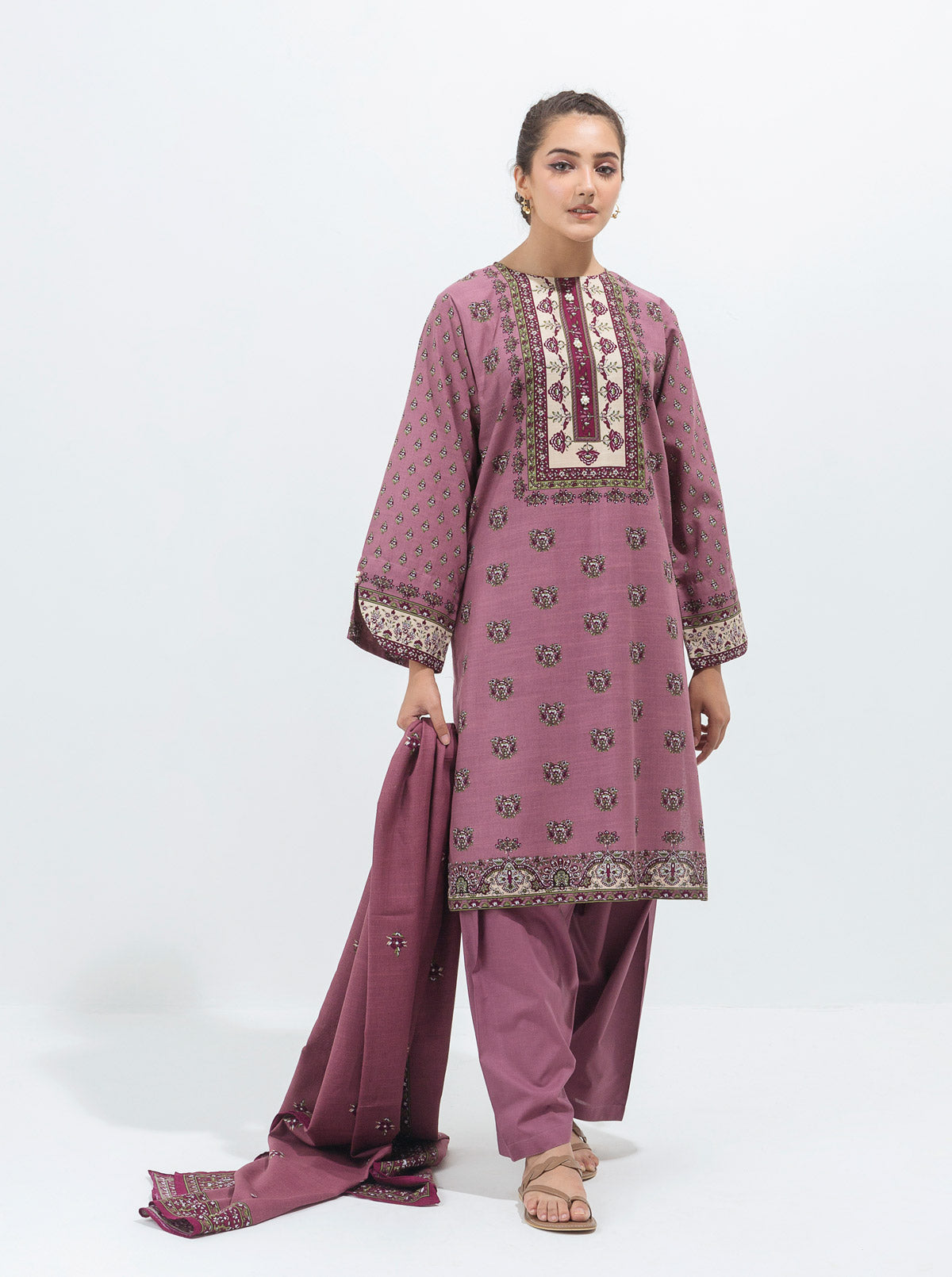 3 PIECE - PRINTED KHADDAR SUIT - MAUVE HAZE MORBAGH WN_21   
