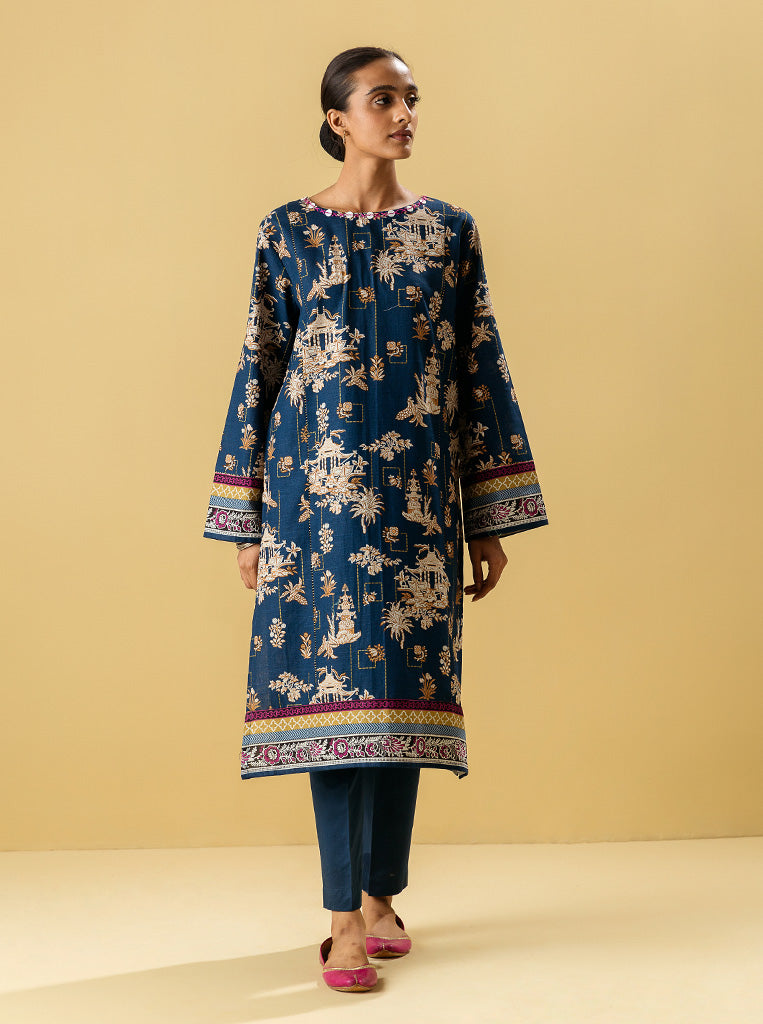 2 PIECE - PRINTED KHADDAR SUIT - NAVY CRAFT MORBAGH WN_22   