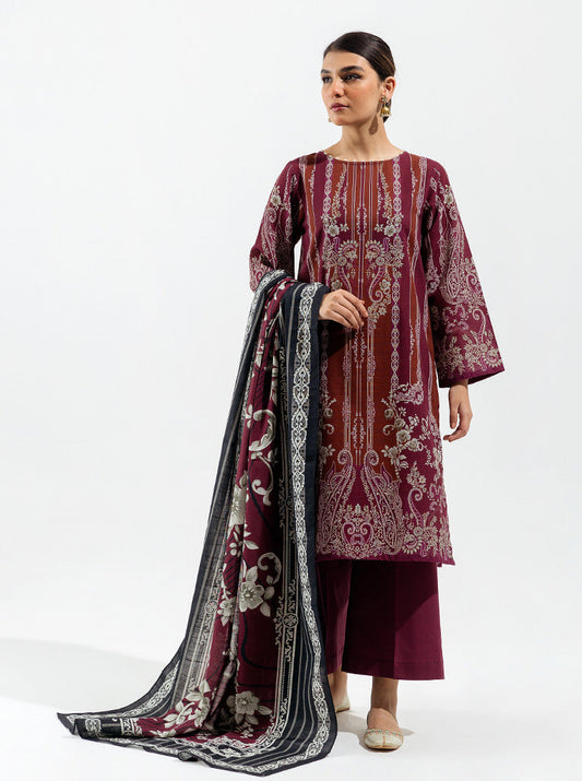 3 PIECE - PRINTED KHADDAR SUIT - CRIMSON FLORA MORBAGH WN_22   