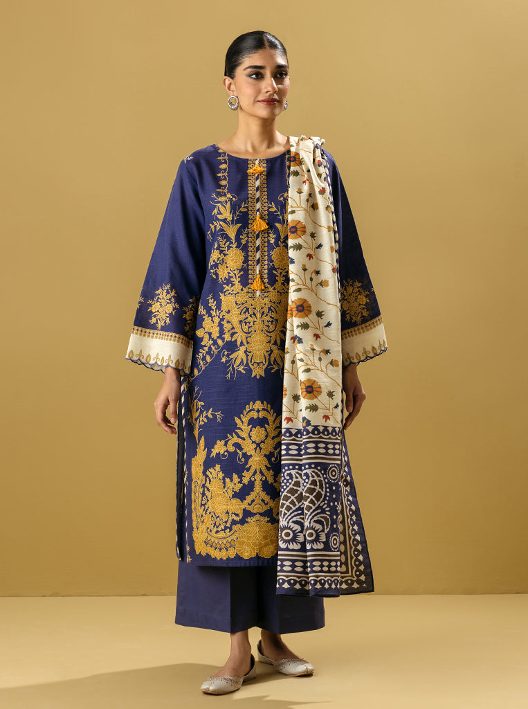 3 PIECE - PRINTED KHADDAR SUIT - BLUE ONYX MORBAGH WN_22   
