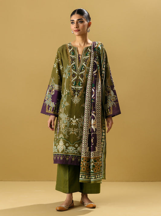3 PIECE - PRINTED KHADDAR SUIT - RIDI OLIVE MORBAGH WN_22   