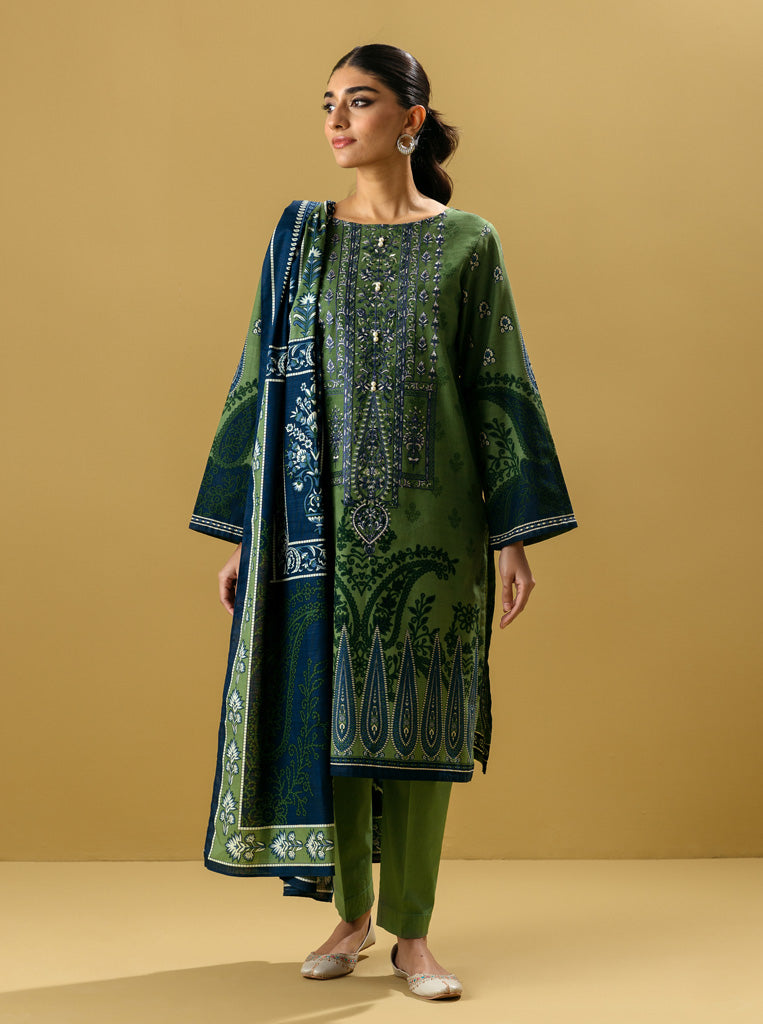 3 PIECE - EMBROIDERED  KHADDAR SUIT - TURF GREEN MORBAGH WN_22   
