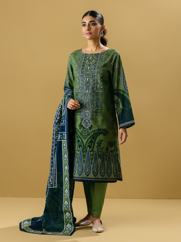 3 PIECE - EMBROIDERED  KHADDAR SUIT - TURF GREEN MORBAGH WN_22   