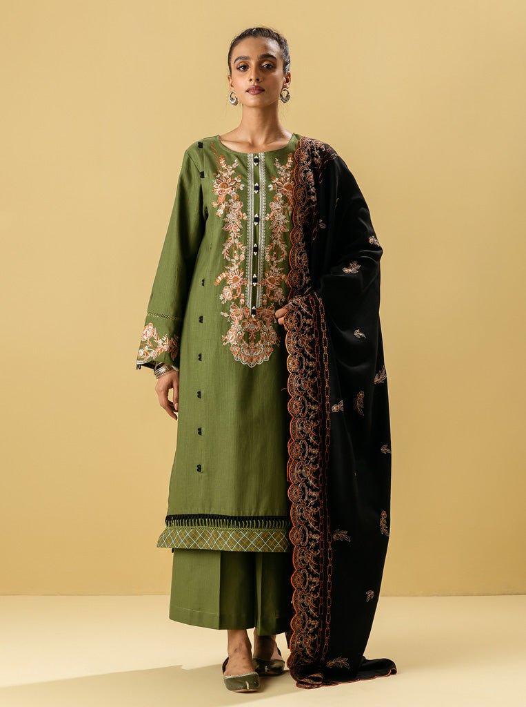 3 PIECE - EMBROIDERED WITH SHAWL  KHADDAR SUIT - SAGE BOUQUET MORBAGH WN_22   