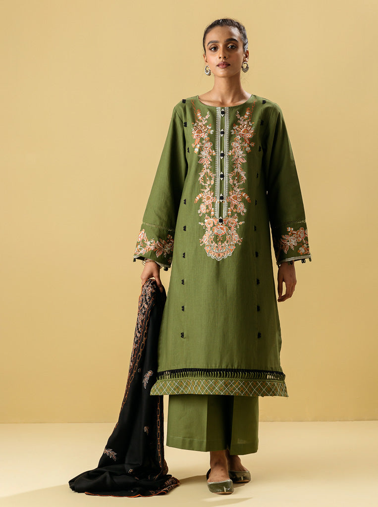 3 PIECE - EMBROIDERED WITH SHAWL  KHADDAR SUIT - SAGE BOUQUET MORBAGH WN_22   