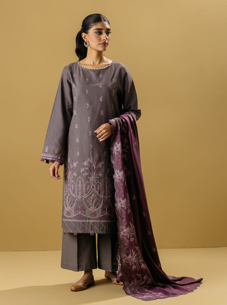 3 PIECE - EMBROIDERED WITH SHAWL  KHADDAR SUIT - SMOKY HAZE MORBAGH WN_22   